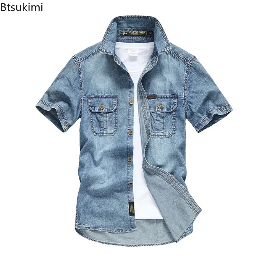 2025 Herren Sommer Kurzarm Denim Shirts Doppeltasche Feste Beiläufige Cowboy Jeans Shirts Männer Designer Blaue Bluse Shirts M-5XL