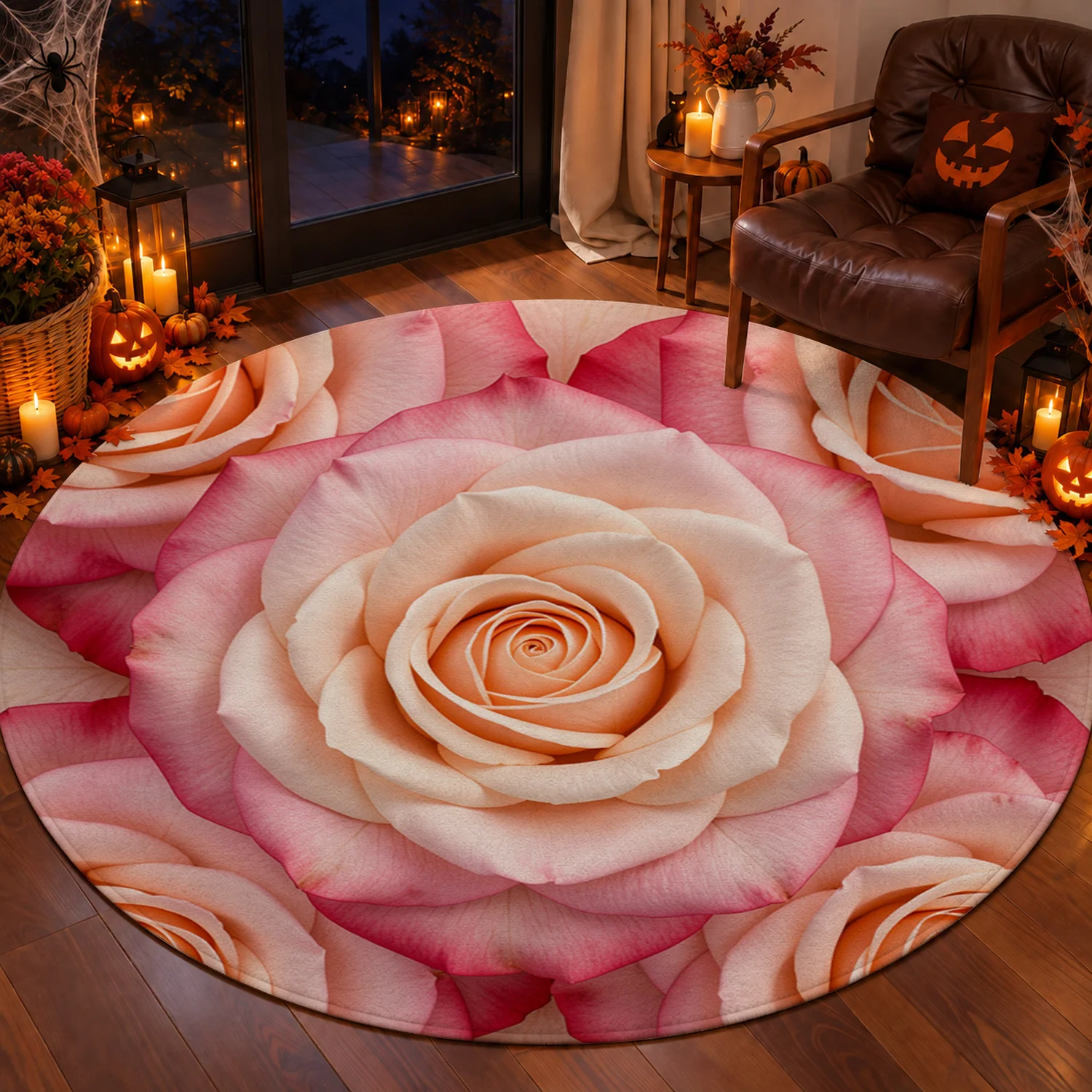 Pink Peach Rose Floral Pattern Round Velvet Area Rug, Machine Washable, Suitable for Living Room, Bedroom, Dining Room, Ideal for Halloween, Thanksgiving, Christmas, New Year Home Decor