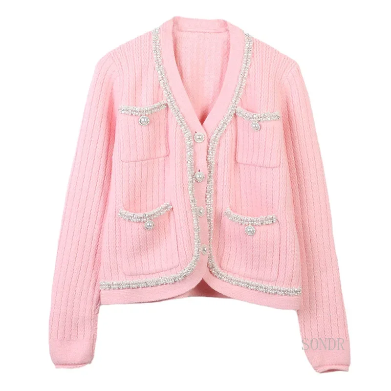 Women's Pink Knitted Cardigan with Pearls Beaded Trim, Temperament Fashion Jacket, Autumn and Winter Sweater