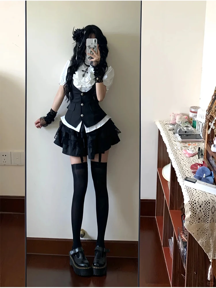 

Женский комплект футболок с эффектом похудения в японском стиле ретро для колледжа, жилет Bla, юбка-тортик, летний белый комплект irt Faion