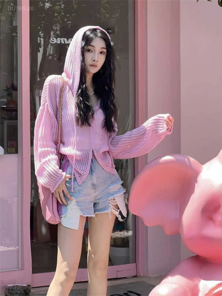 

Осенние модные открытые однотонные кардиганы с капюшоном, повседневные женские корейские простые винтажные свитера, милые вязаные пальто Y2k, верхняя одежда