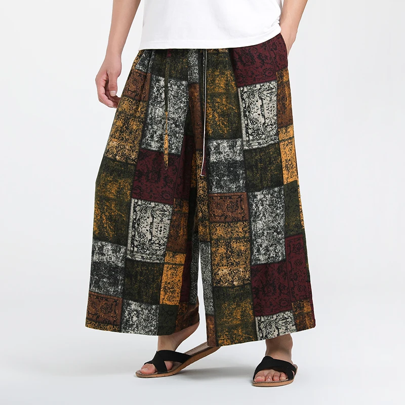 

Summer Men Chinese Style Printed Pants Men Drawstring Cuffed Casual Pants Couples Retro Grid Trousers Male Loose Wide Leg Pants