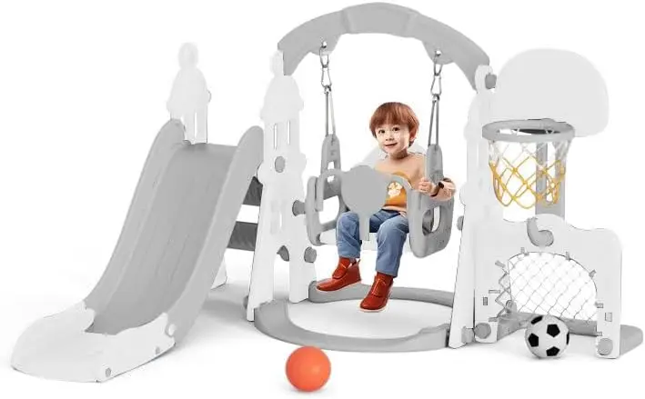 Ensemble de balançoire et toboggan pour tout-petits avec ceinture de sécurité, grimpeur en 3 étapes – Aire de jeux intérieure/extérieure pour enfants de 1 à 3 ans (gris blanc)
