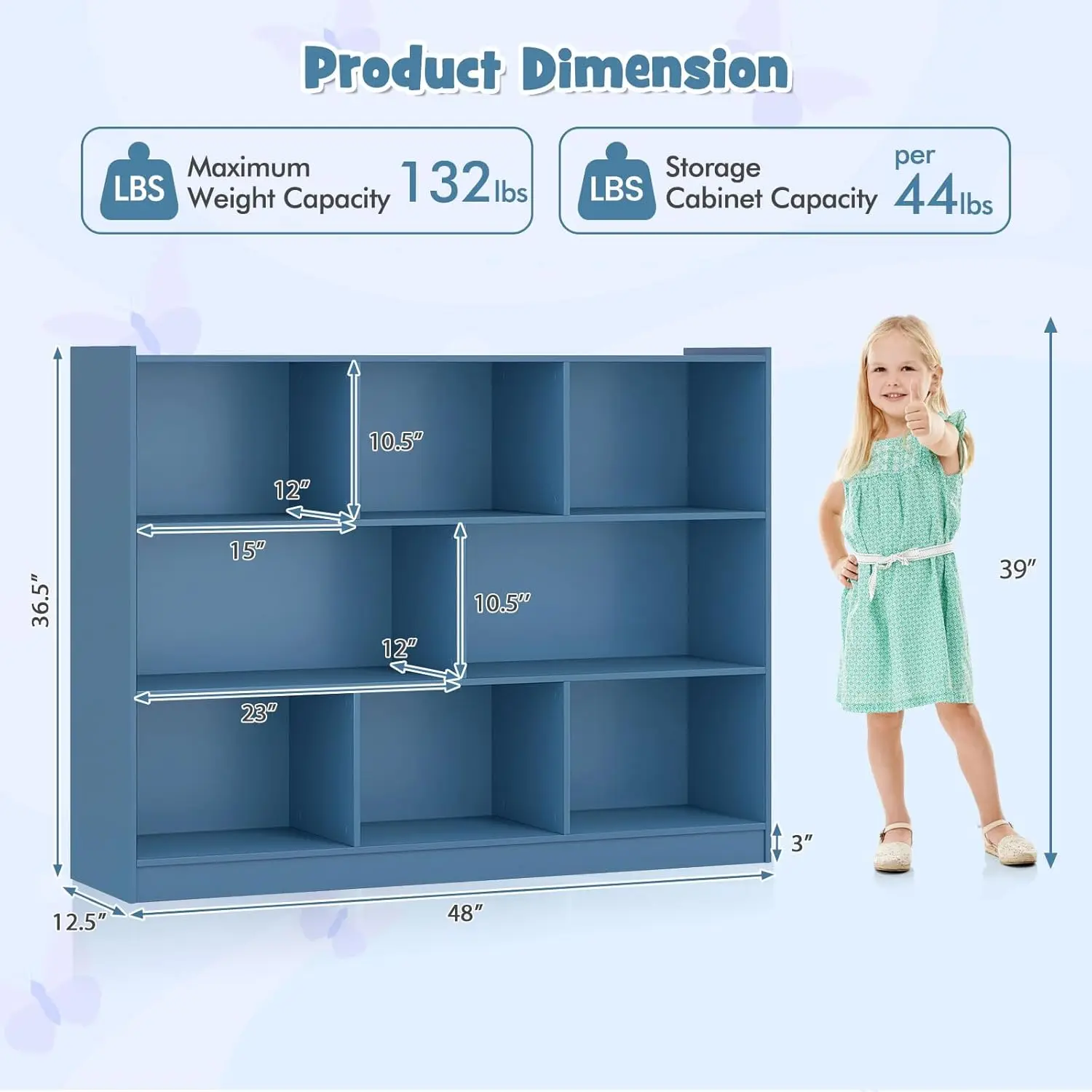رف كتب خشبي للأطفال مكون من 3 طبقات، منظم تخزين ألعاب 5 مكعبات للحضانة والفصول الدراسية وغرفة المعيشة (أزرق)