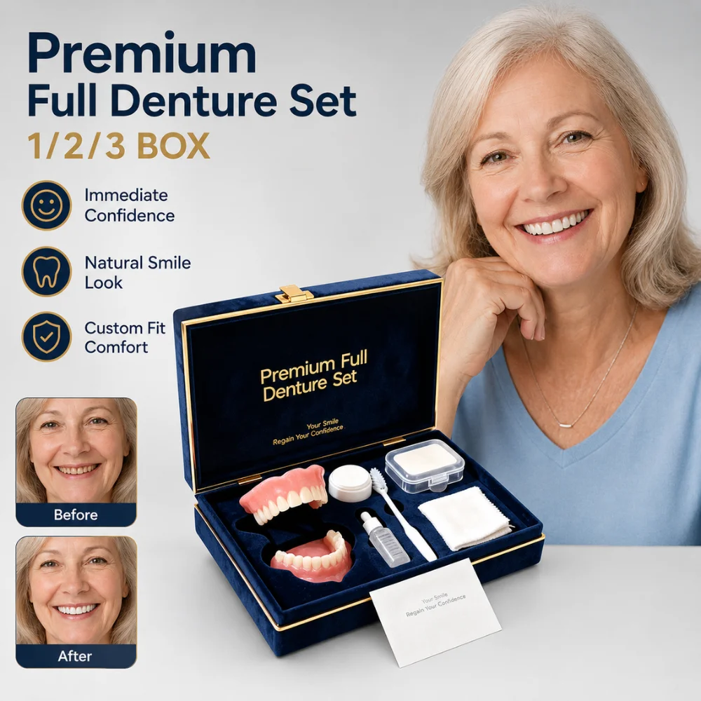 Silicone Full Denture Kit Upper Lower Cosmetic Teeth Set with Cleaning Brush Storage Case Comfortable Daily Smile Wear