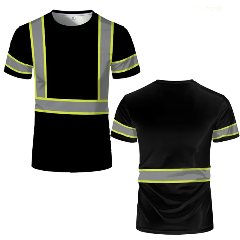 Mens Hi‑Vis Safety Workwear T‑Shirt Yellow Black Reflective Stripe Short Sleeve Crew Neck Outdoor Work Tee Tops