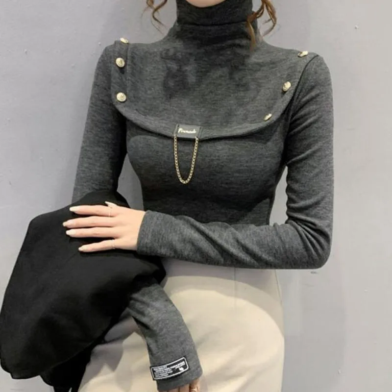 Autumn Winter Fashion All-match Turtleneck Solid Color Tops Women\'s Clothing Korean Slim Lady Button Spliced Long Sleeve T-shirt