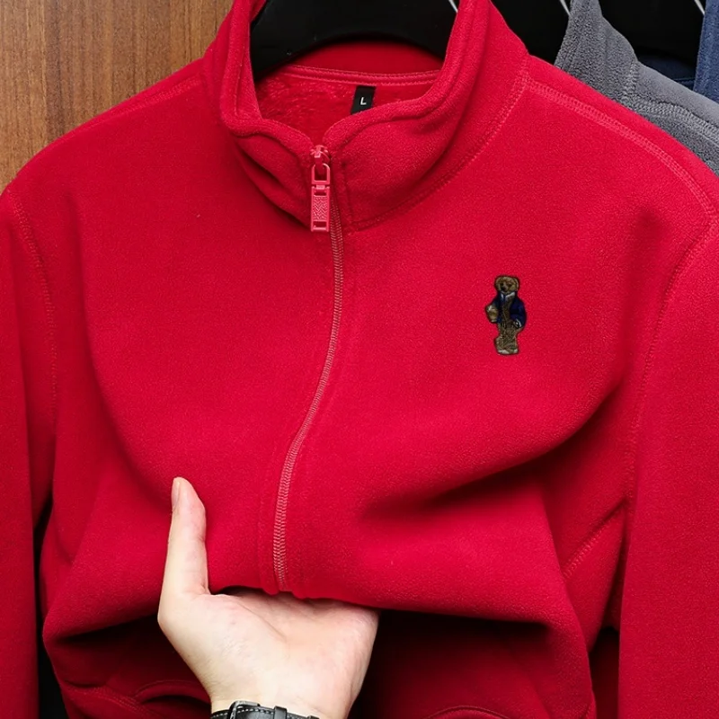 Designer Embroidery Thick Plush Warm Pocket Jacket Original Solid Color Long Sleeved Stand Collar Tops Daily Comfort Men's Wear