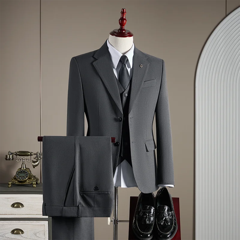 15% High-End Wool Suit for Men, Fashionable and Stylish Wedding, British-Style Business Casual Gray-Blue Suit Three-Piece Set