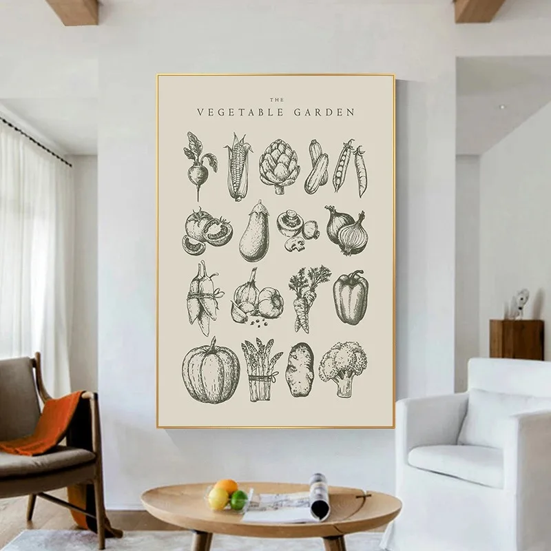 Art Sage Green Kitchen Decor Vintage Onion Carrot Print Farmhouse Botanical Poster Dining Room Minimalist Vegetable Canvas Wall