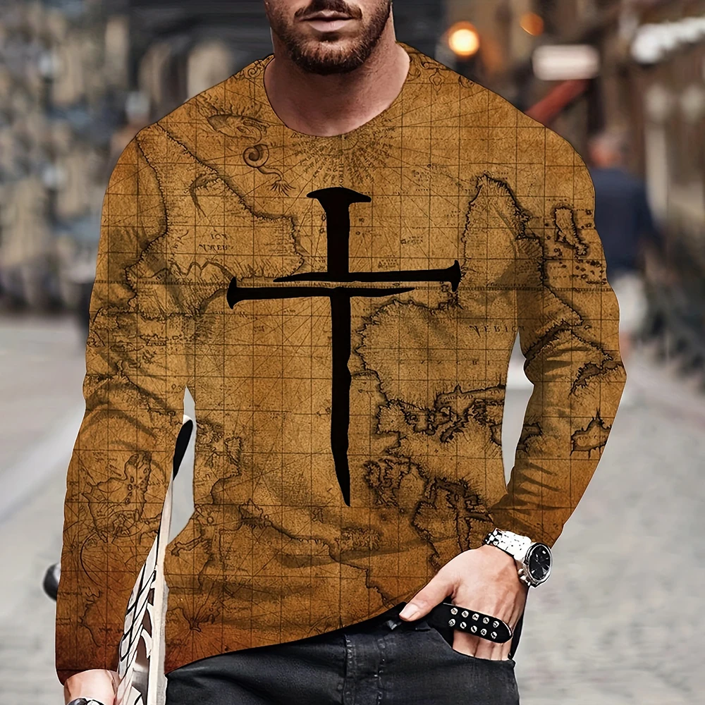 

Vintage Men's Long Sleeves T Shirt Fashion Cross Pattern Long Sleeve 3D Clothing Nautical Map Print Street Harajuku Oversized