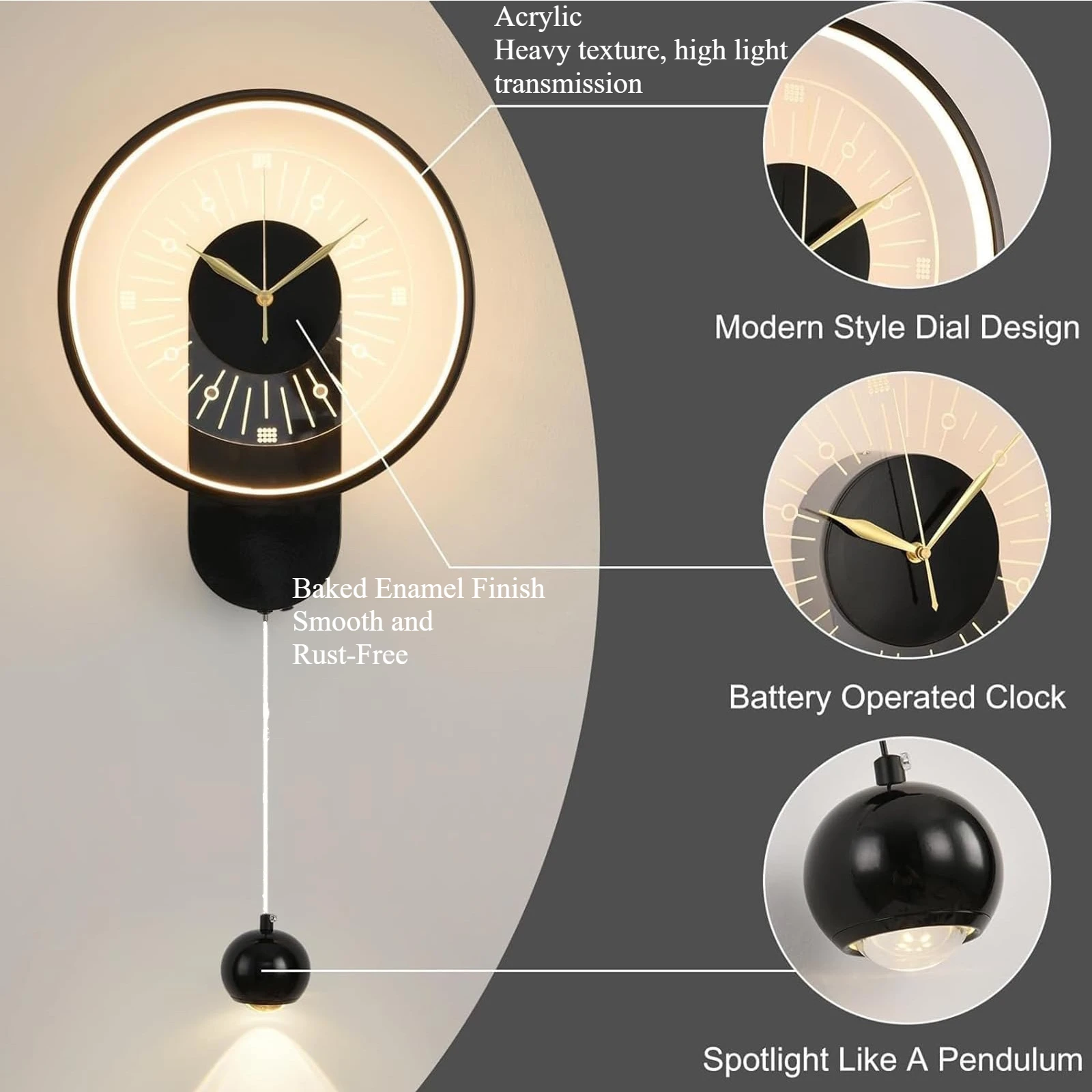 LED 3-Color Dimmable مع شمعدان حائط مزخرف على مدار الساعة، حديد وأكريليك، مصباح جداري إبداعي أسود حديث لغرفة النوم بجانب السرير #6