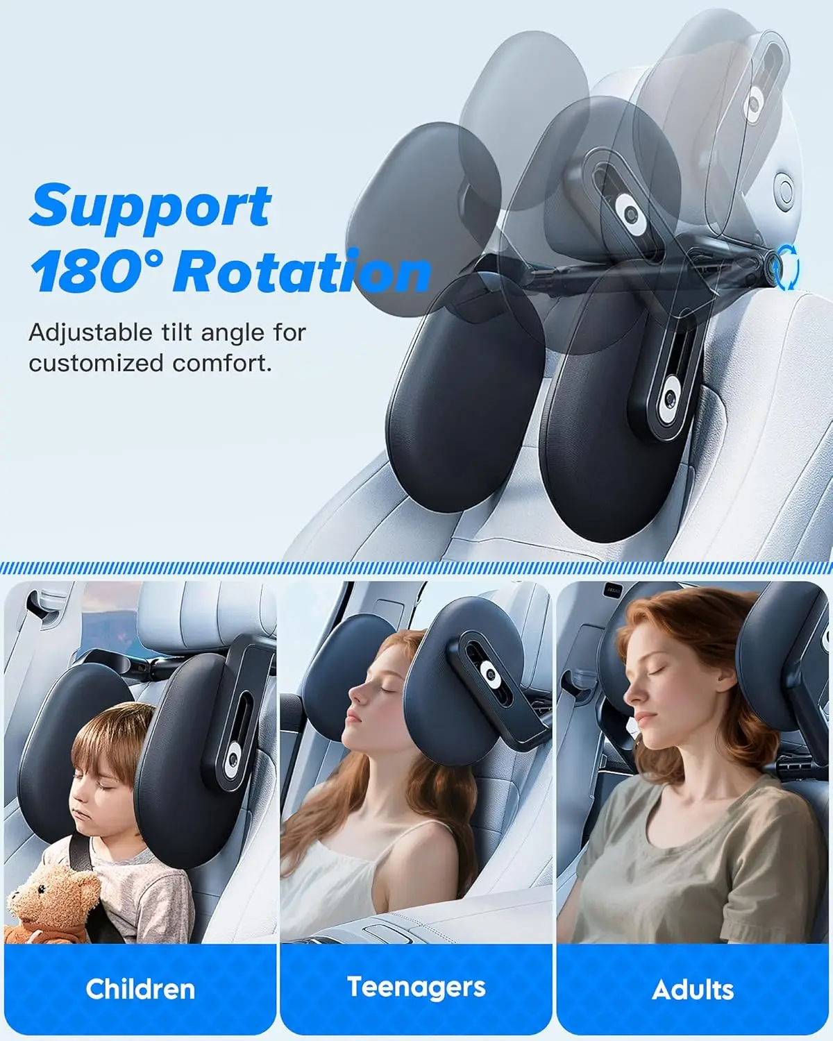 Oreiller pour appui-tête de voiture, mise à niveau 2025 360 °   Appui-tête de voyage rotatif, liaison à 3 points réglable, mousse à mémoire de forme épaisse et respirante