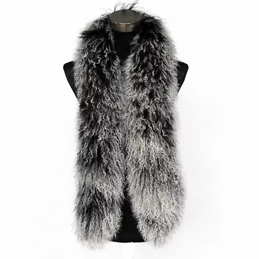 130cm Frost Color Curly Winter Scarf Gorgeous Real Mongolian Lamb Fur Scarves for Women