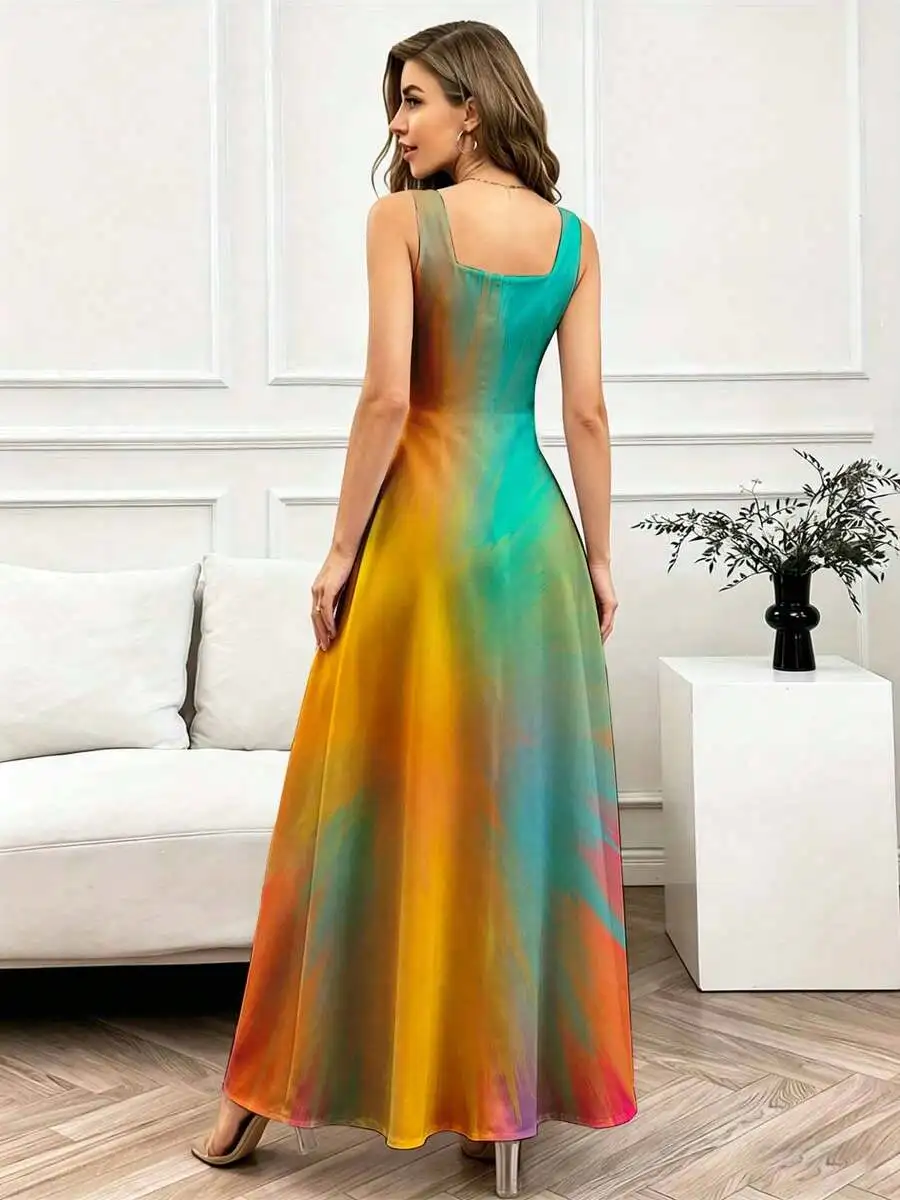 

Colorful Tie Dye Square Neck Maxi Dress With Thin Straps Flowing Long Skirt
