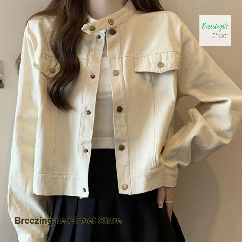 

Korean retro style fashion long sleeve stand collar coffee coat women's spring and autumn new loose short casual Joker jacket.