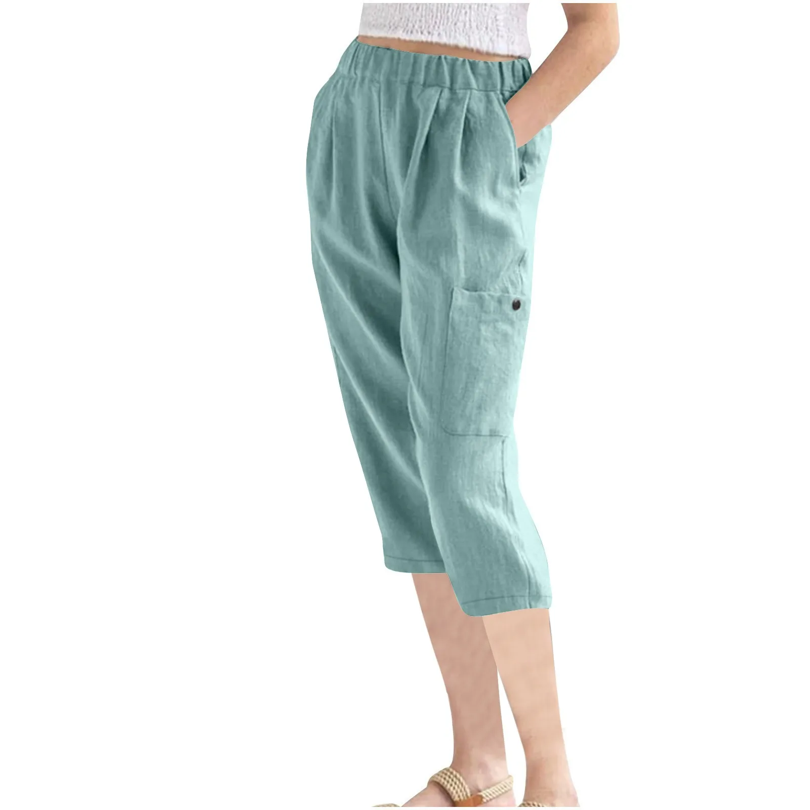 Fashion Cotton Linen Pockets Solid Color Pants Summer Loose Fitting High Waisted Cotton Linen Womens Casual Wide Leg Trousers