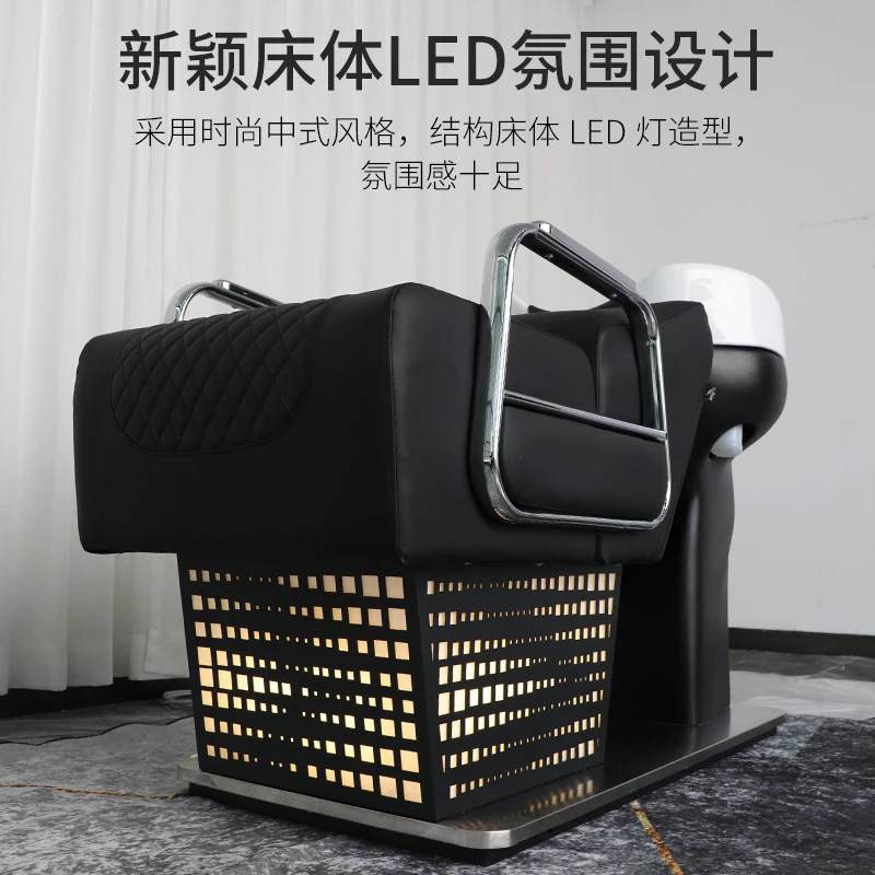 Bojue Ceramic Basin Shampoo Hair Salons, With LED Lights, Semi-Reclining, Stainless Steel Wash Bed