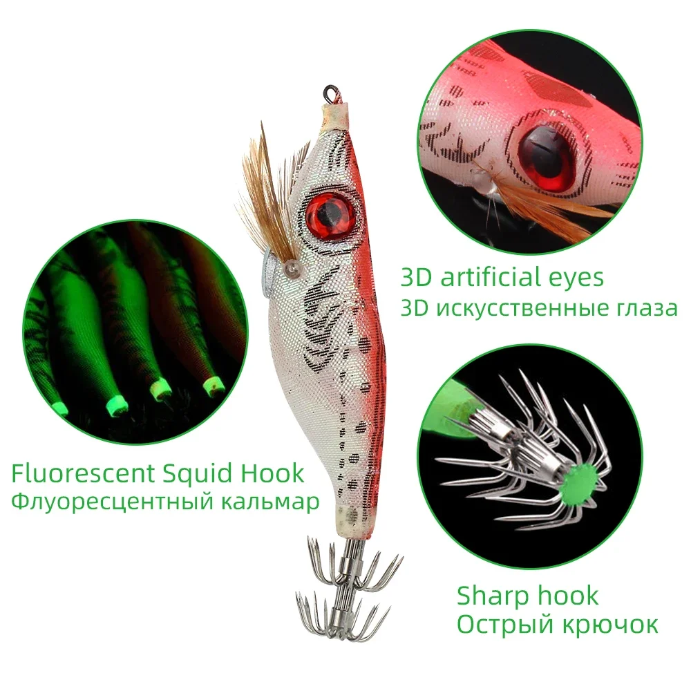 DNDYUJU 5pcs 9g/10cm Fishing Lure Lead Sinker Squid Jig Hook Set Wooden Shrimp Artificial Octopus Cuttlefish Shrimp Hard Bait