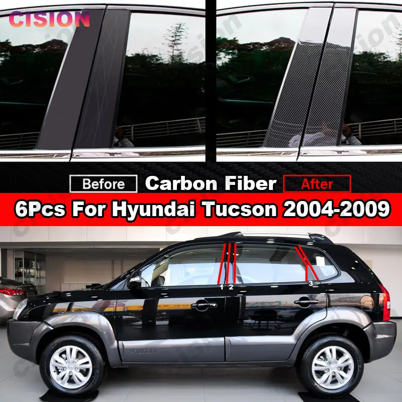 6x Glossy Black Mirror Effect Car Window Door Column B C Pillar Post Cover Trim PC Material Sticker for Hyundai Tucson 2004-2009