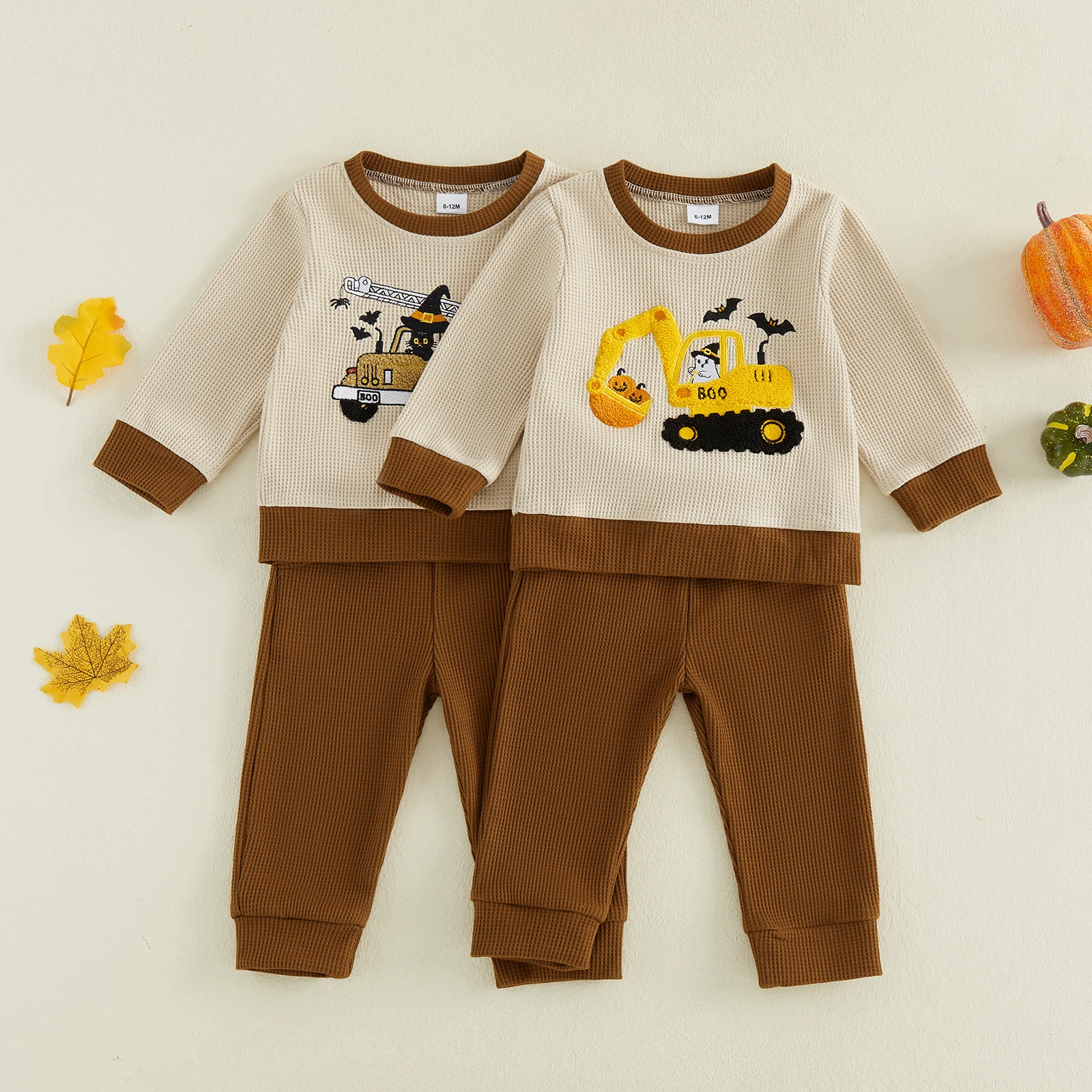 Little Boy Halloween Outfits Pumpkin Truck Embroidered Long Sleeve Sweatshirt and Pants 2Piece Waffle Set