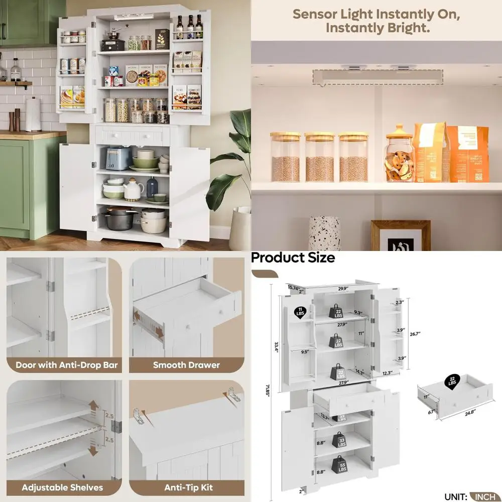 

Высокий кухонный шкаф-панилер 72 дюйма с 2 полками, выдвижным ящиком и датчиком движения - белый
