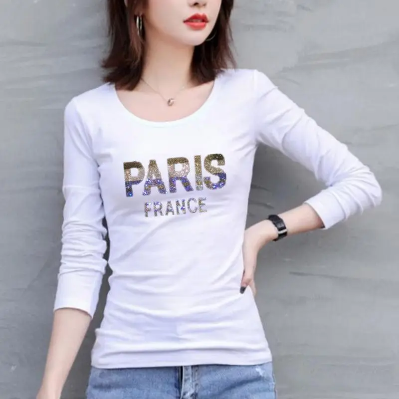 Jonge Slanke Taille Dame Tops Katoen Lange Mouwen T-Shirt Lente Herfst Sweatshirts Vrouwen Dunne Casual Letter Paris Frankrijk Diamant