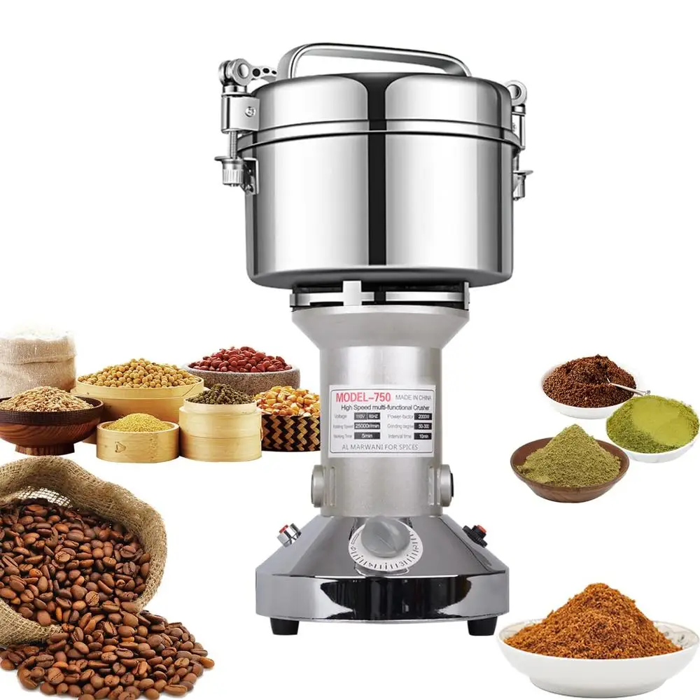 Electric Stainless Steel Grain Mill Grinder 750g High Speed Cereals Corn Flour Pulverizer Spice Herbs Pulverizer 2000W Motor