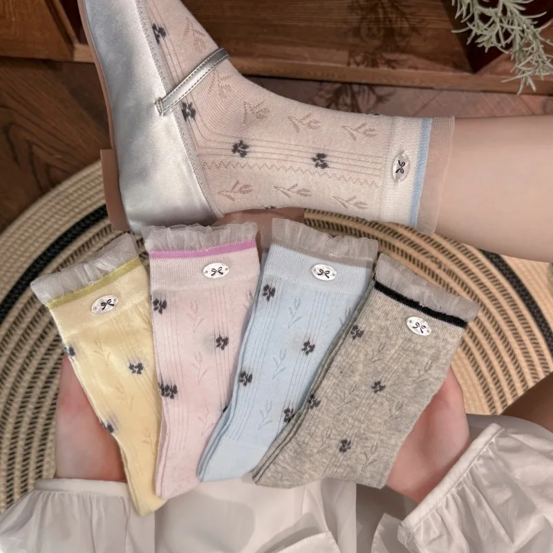 1 Pair Korean Jacquard Floral Bow Button Sheer Mesh Lace Trim Mid-Calf Socks for Women Thin Breathable Ruffle Edge Calf Sock