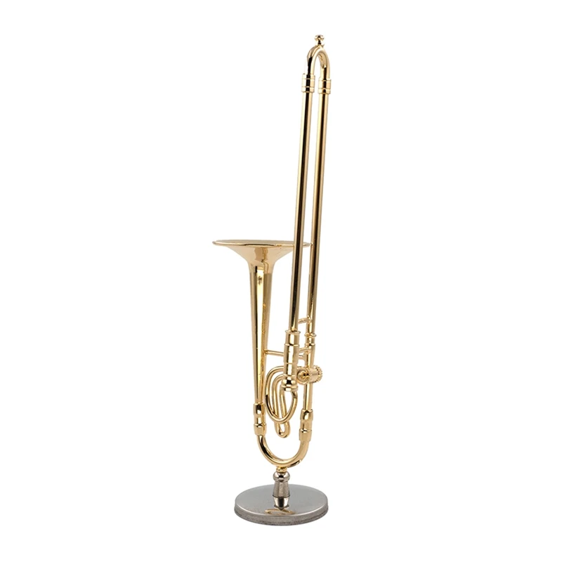 12Cm Miniature Pure Copper Trombone Model With Support Mini Musical Instrument Model With Black Leather Box