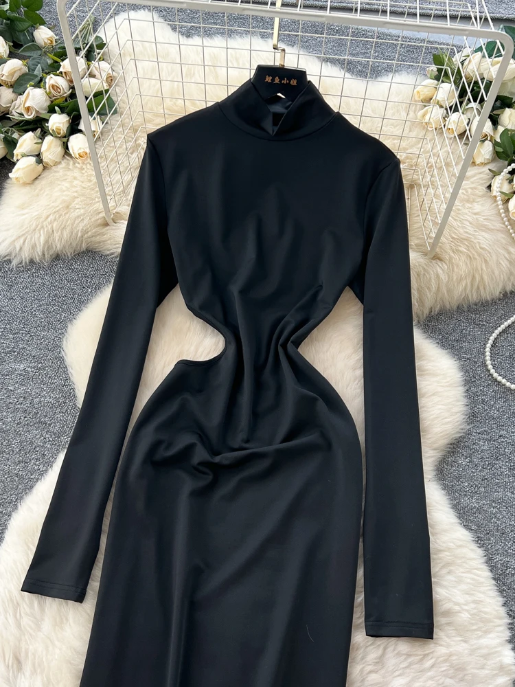 フォームリナ シンプル ブラック ハイネック ワンピース ウエストカットアウト スリム 長袖 ボディコン マキシ丈ワンピース レディース セクシー イブニング パーティー ガウン