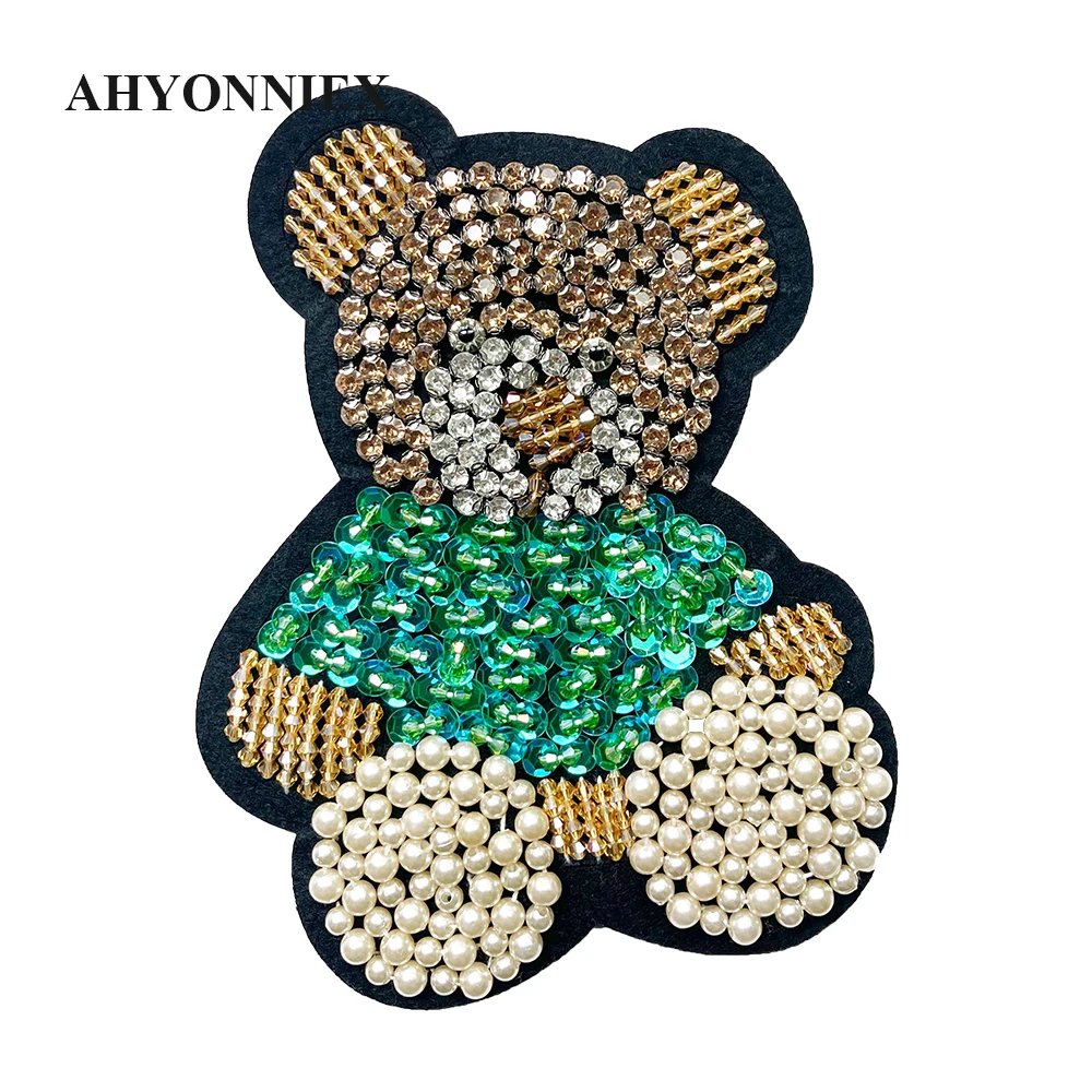 Promotion !! Handmade Green 12cm x 15cm Beaded Bear Patches Sew On Patch for Kids Clothes Jacket DIY Applique