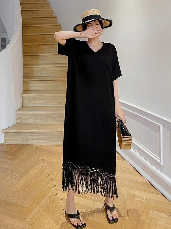 T-shirt décontracté d'été grande taille Dr avec frange taille ample couvrant le ventre effet minceur pour femmes grande taille longue Sve...