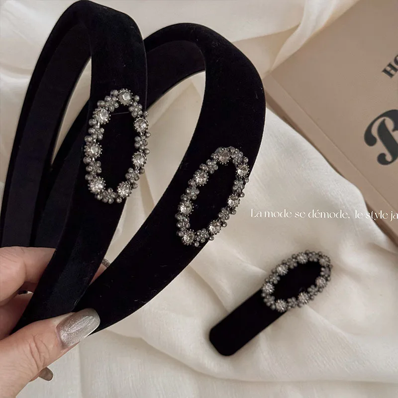 High-Grade Oval Rhinestone Headband/Hairpin Black Velvet Wide-Brimmed Style go out Face Wash Hair Band Hairpin Hair Accessories