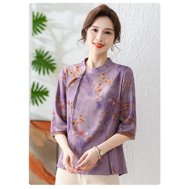 Women's Purple Cheongsam Style Blouse Mandarin Collar Half-Sleeve Floral Print Loose Casual Elegant Silk-like Top