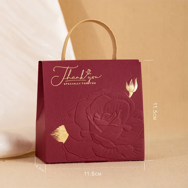 Champagne Gold Embossed Rose Gift Boxes & Bags Leather Handheld Thank You Paper Packaging Box for Weddings Party Favors