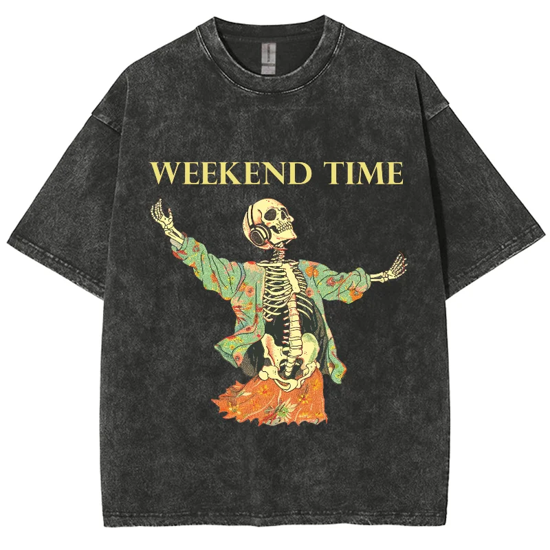 Y2K Washed Tshirt, Cartoon Skeleton Weekend Time Music, Hiphop Top, Oversized Streetwear Washed Short T-shirts For Men Women