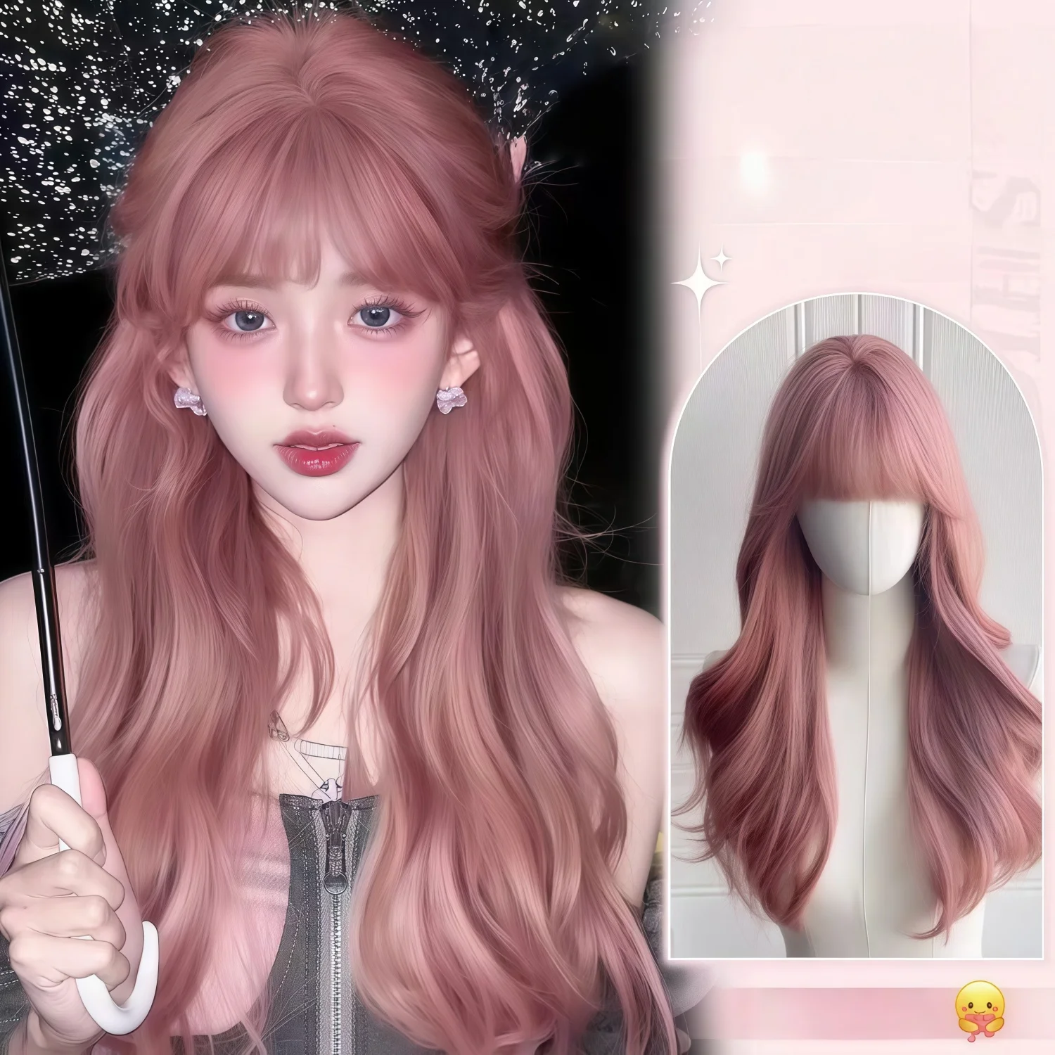 28 Inch Long Curly Pink Wig With Bangs Heat Resistant Synthetic Fiber Women Cosplay Party Daily Wear Wig