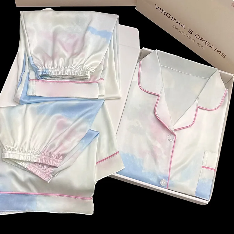 New Three-Piece Pajamas Set, Summer Style, Ice Silk Short-Sleeve, Blue and Pink Gradient, Girl’s Cardigan, Comfortable Home Wear