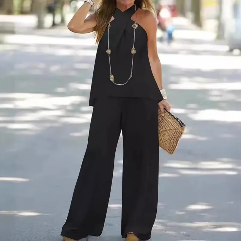 Sexy Sleeveless Tops Pants Set Office Lady Spring Summer Fashion Slim Solid Tshirt Blouse Long Trousers Two Piece Set Women 2024