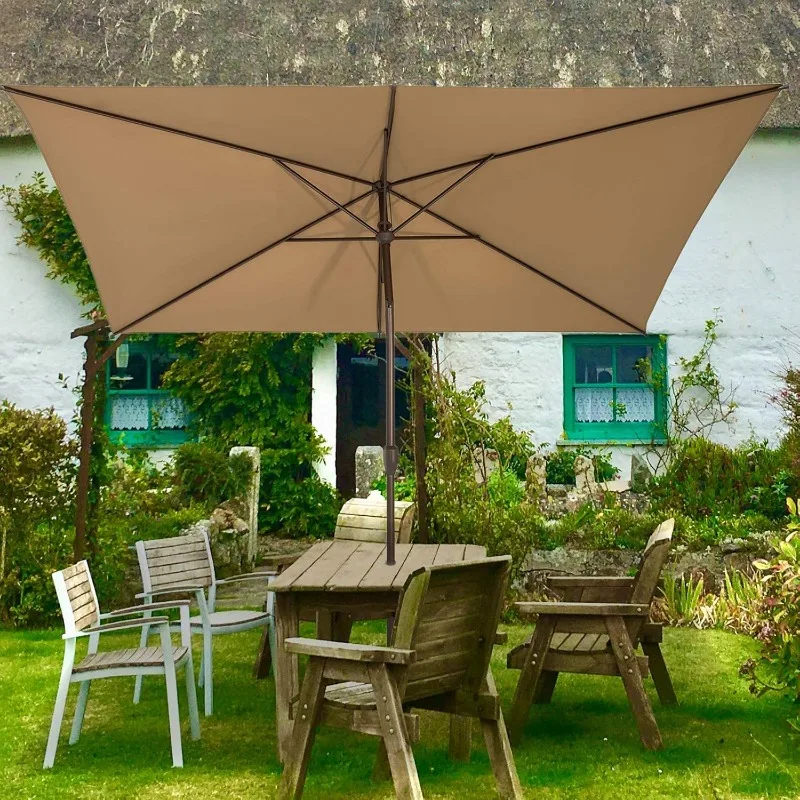 Parapluie de table d'extérieur rectangulaire avec manivelle et bouton poussoir inclinable, 6,5x10 pi, terrasse, arrière-cour, jardin