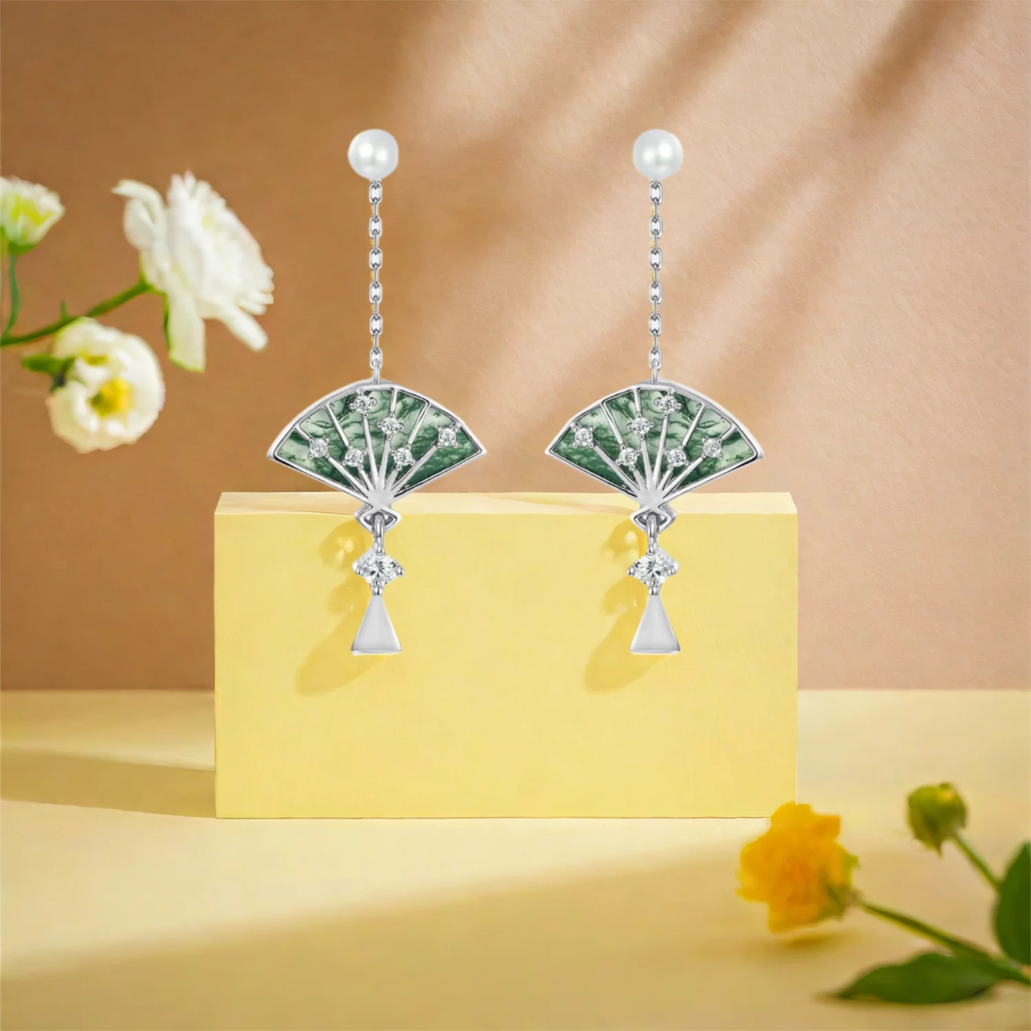 

Женские серьги-подвески в форме веера с жемчугом, мохом, агатом, висячие серьги-гвоздики для подарка на годовщину