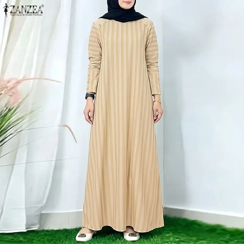 

Modest Muslim Abaya Dress ZANZEA Women Striped Maxi Dresses Elegant O Neck Long Sleeve Pleated Sundress Robe Kaftan Ramadan