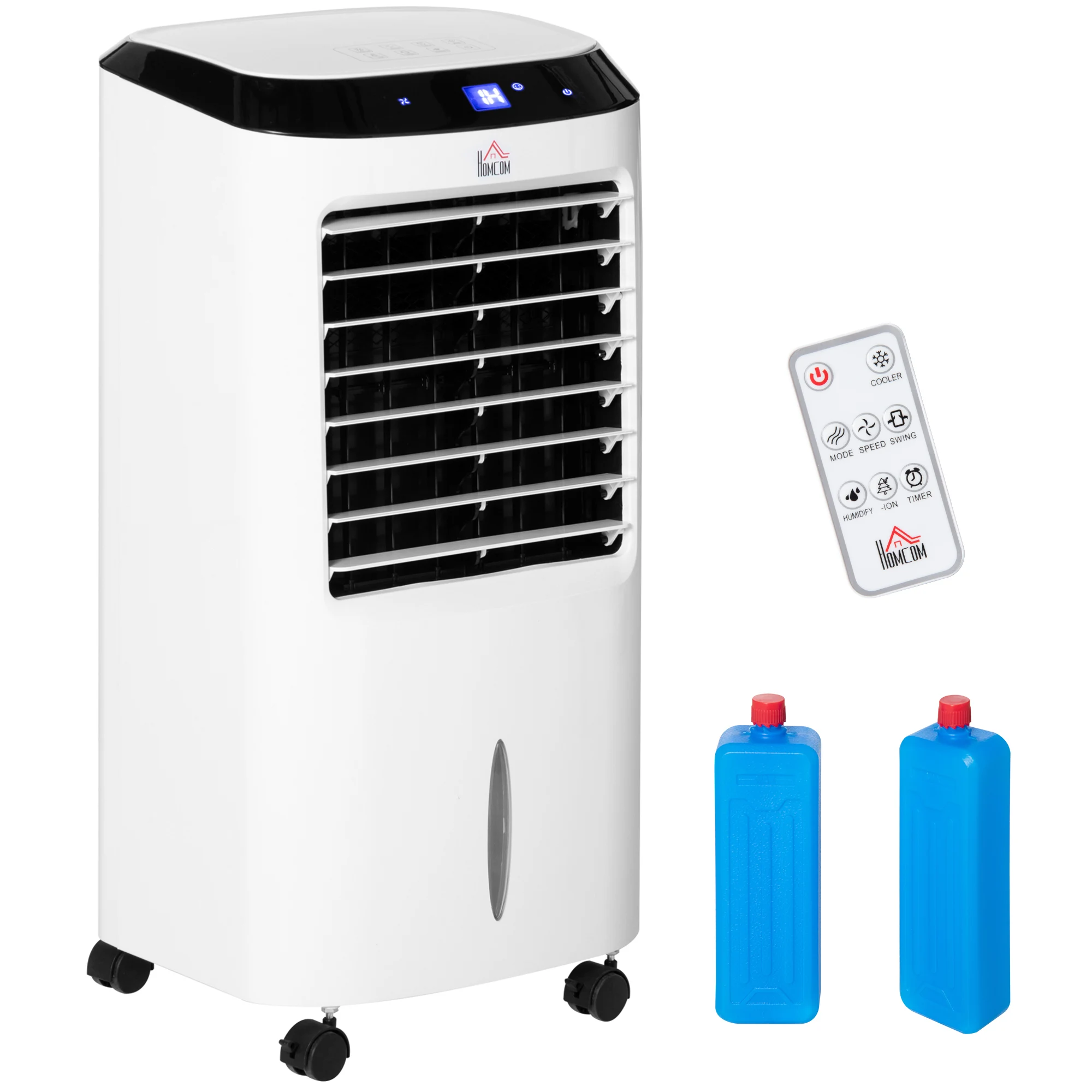 HOMCOM Evaporative Air Cooler Low Consumption Portable Air Cooler 10L Humidifier Fan 60W Negative Ion LED Display Remote Control Timer 3 Speed 38,2x31,6x76 cm White