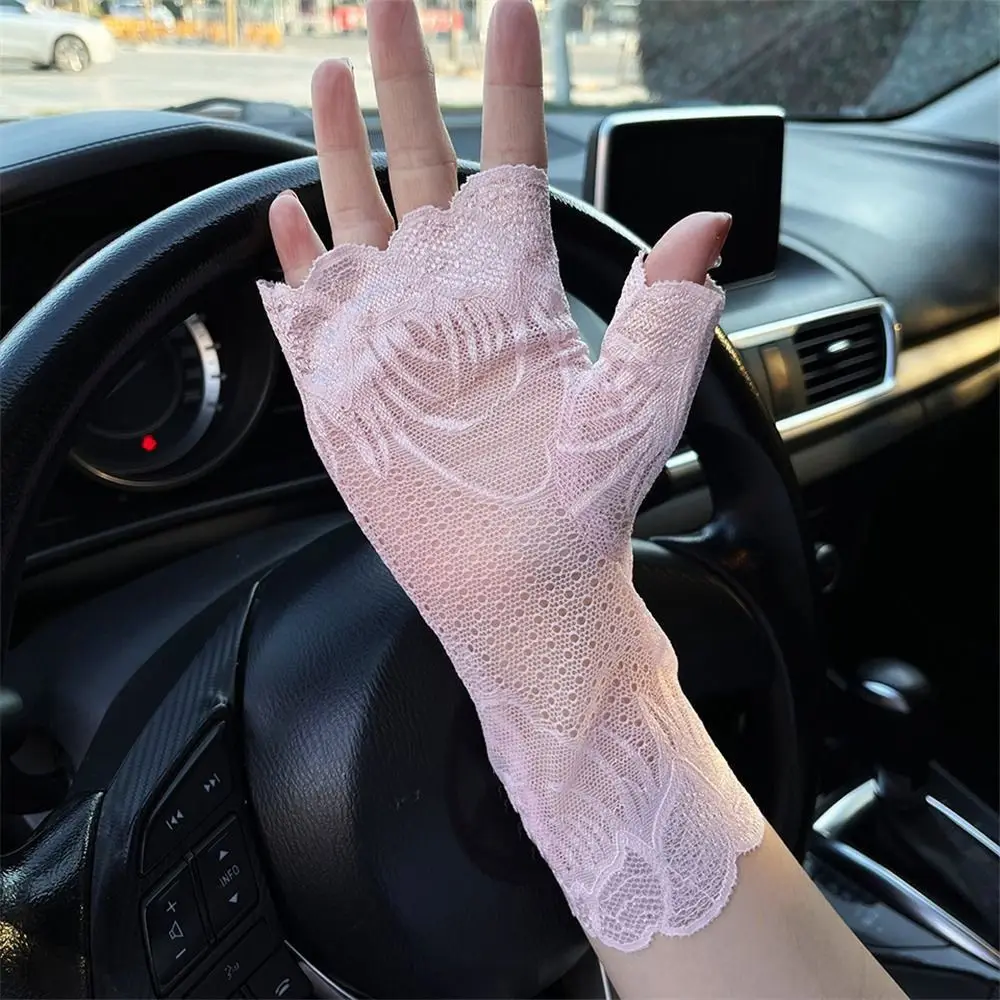 Summer Sun Protection Lace Gloves, Dirigindo, Correndo, Acessórios de vestuário, Party Sunscreen Sleeve, Tulle Mittens, Half Finger Gloves