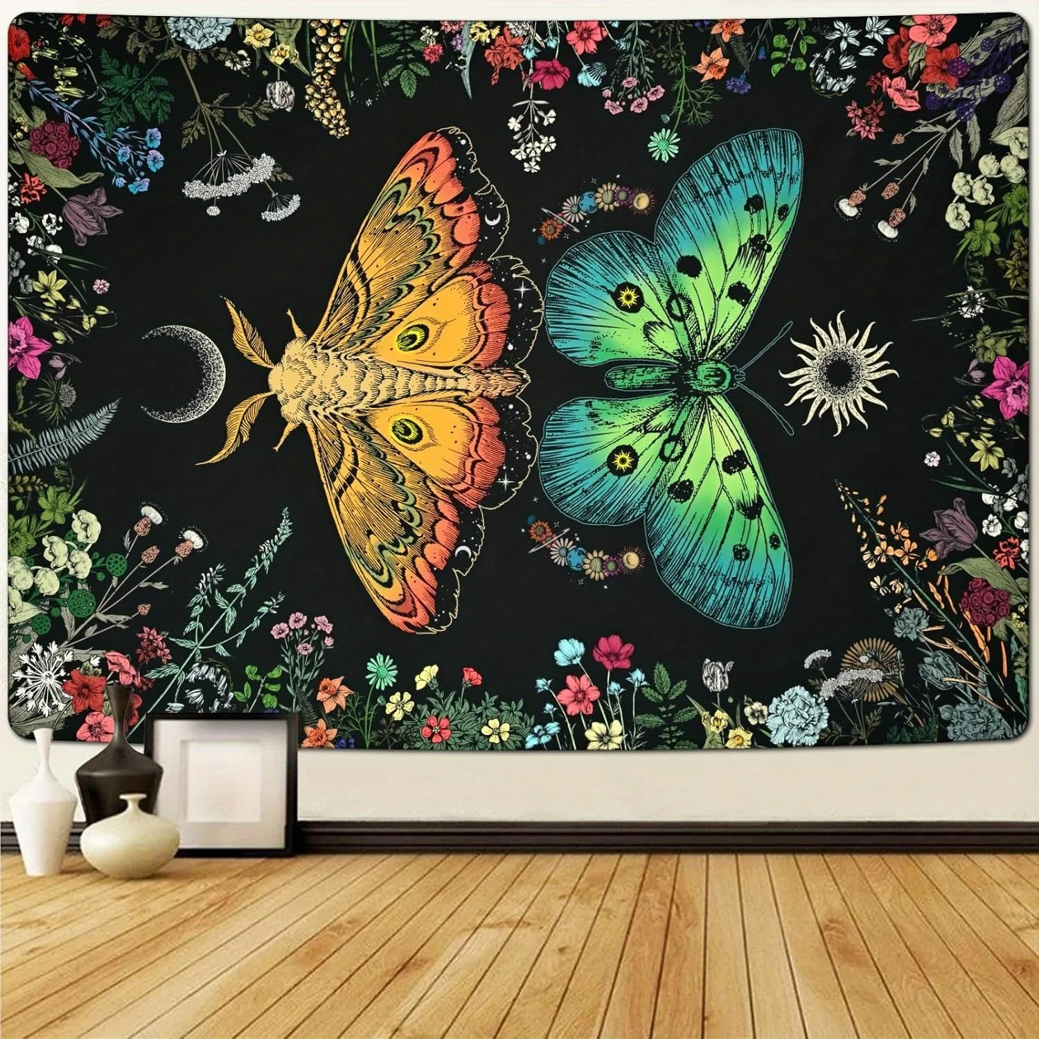 Boho Butterfly Moth Tapestry - Moonlit Garden Floral Design, Vintage Wall Hanging for Bedroom/Living Room