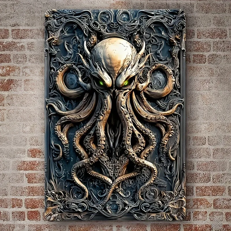 Image of Boho-Stil Cthulhu Metall-Wandkunst, Aluminium-Hängeschild, 2D Flachdruck Heimdekoration, Tür-Wand-Akzent für Wohnzimmer