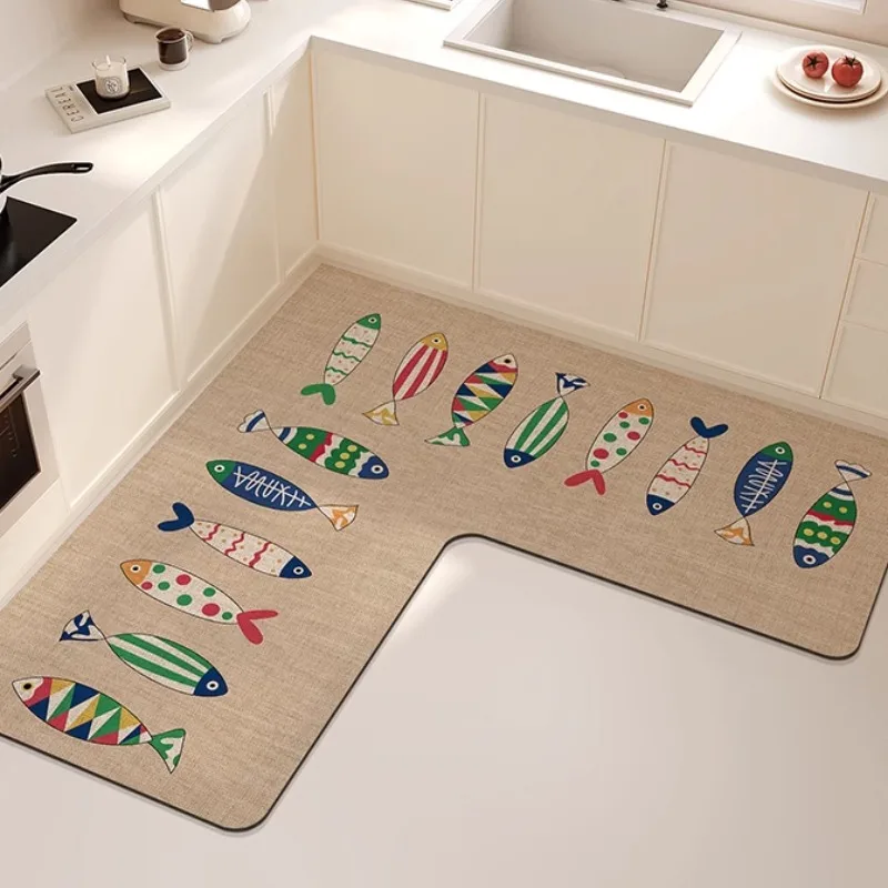 

L-shaped Corner Kitchen Carpet Cartoon Minimalist PVC Floor Mat Fish Pattern Waterproof Oil-proof Rug Non-slip Easy-care Mats IG