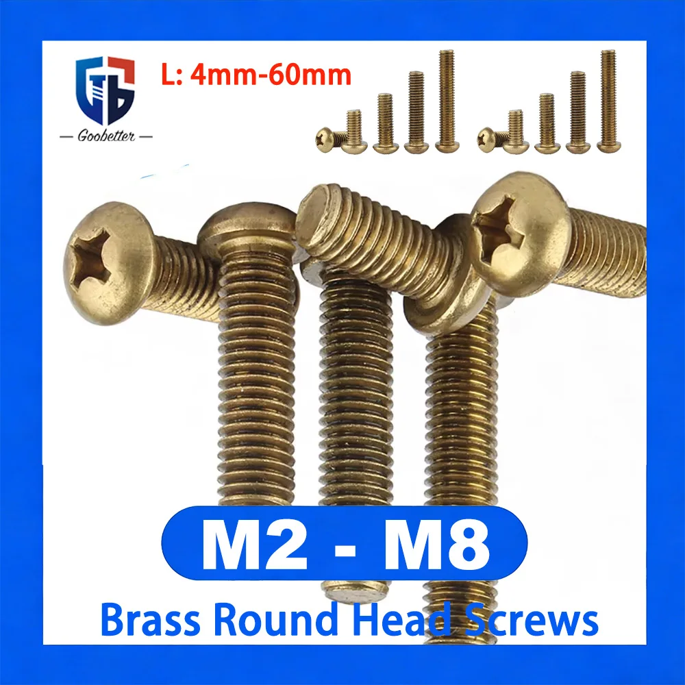 

5/10/20/50/100Pcs M2 M2.5 M3 M4 M5 M6 M8 Round Head Screws Brass Phillips Pan Head Bolts Length 4mm-60mm