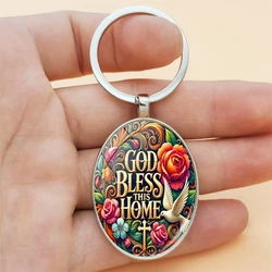 1pc May God Bless This Home With Keychain Time Gemstone Pendant Round Oval Alloy men's family Gathering Gift